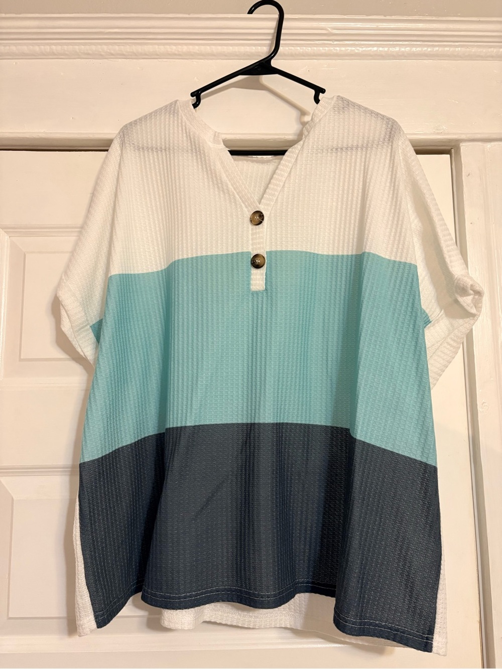 SHEIN White Mint and Gray Colorblock Henley Short Sleeve Top